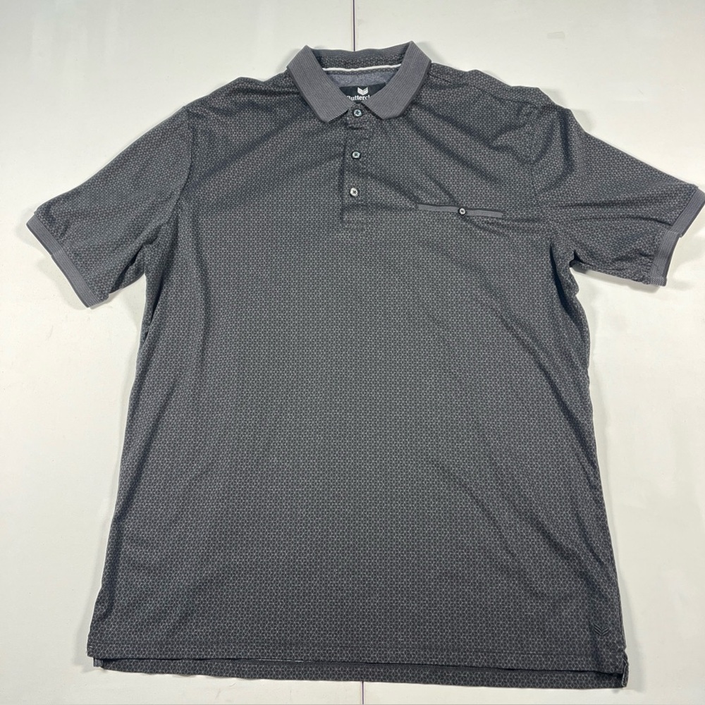 Butter Cloth Polo Shirt Black Geometric Cotton Short Sleeve Pocket Mens XL